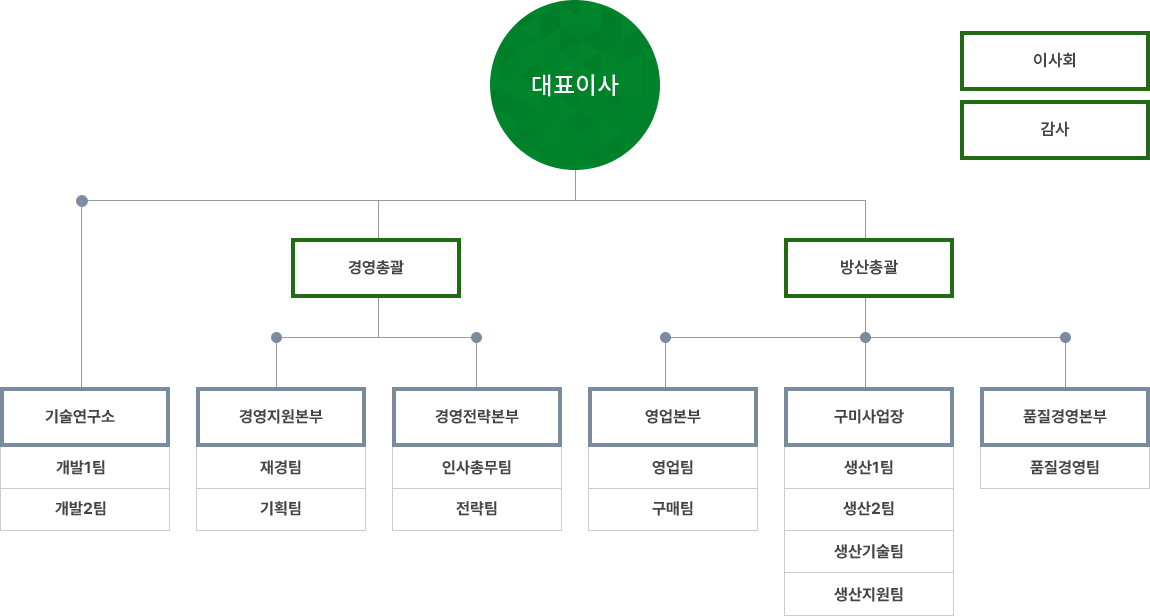 대표이사, 감사, 고문, 경영지원실-기획관리팀, 재경팀, HR팀, 영업본부-영업1팀, 영업2팀, 구매팀, 기술연구소-개발1팀, 개발2팀, 개발3팀, 개발 지원팀, 구미사업장-생산팀, 생산기술팀, 생산지원팀, 품질경영본부-품질경영팀